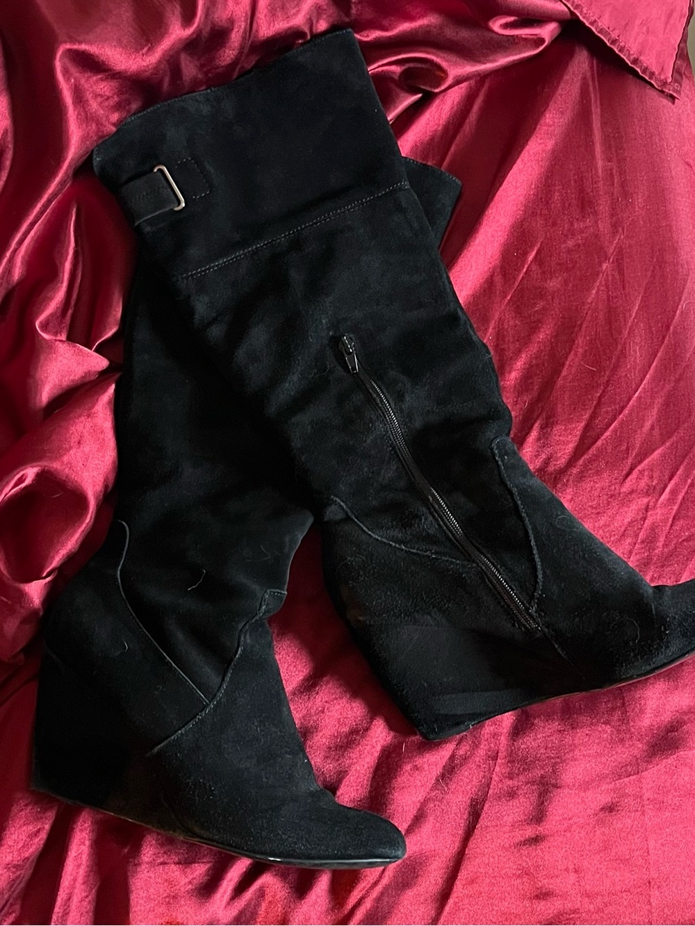Knee high suede wedge boots